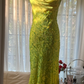 Yellow-green halter-neck, slim-fitting, bodycon long ball gown R7744