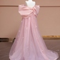Light pink off-the-shoulder bow neckline straight long ball gown, bridal dress R8327
