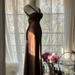 Dark brown halter-neck, fitted, backless, sexy, long ball gown R7704