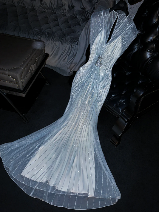 Light blue sleeveless fitted long sexy ball gown, bridal dress R8755