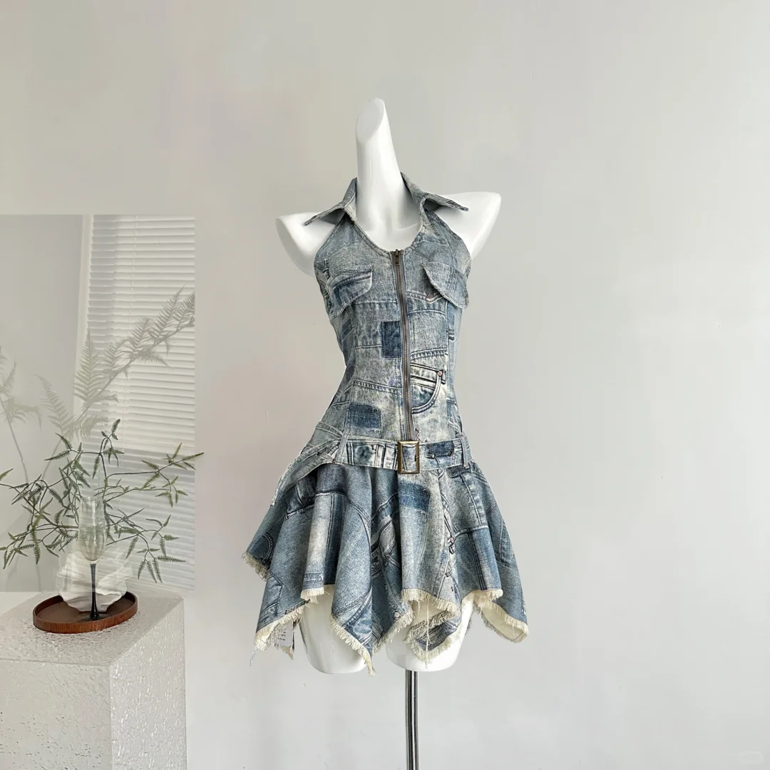 Light blue denim halter neck slim waist slim fit A-line irregular skirt short homecoming dress R4368
