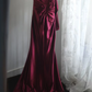 Deep red one-shoulder long-sleeved fitted satin ball gown, bridal dress R6828
