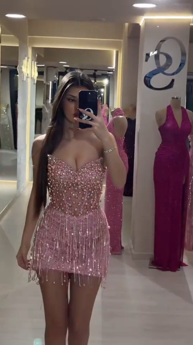 Pink tube top waist glitter diamond sewn beaded hip skirt homecoming dress R5478