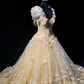 Light yellow square neckline fitted waist puff skirt long ball gown R8696