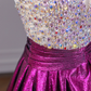 Rhinestone halter neck bodice, fuchsia long ball gown R8269