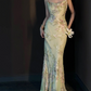 Light green spaghetti‑strap printed waist‑cinched slim‑fit sexy bodycon long prom gown R8014