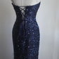Navy blue strapless, fitted waist, sequined, sexy long ball gown R6788