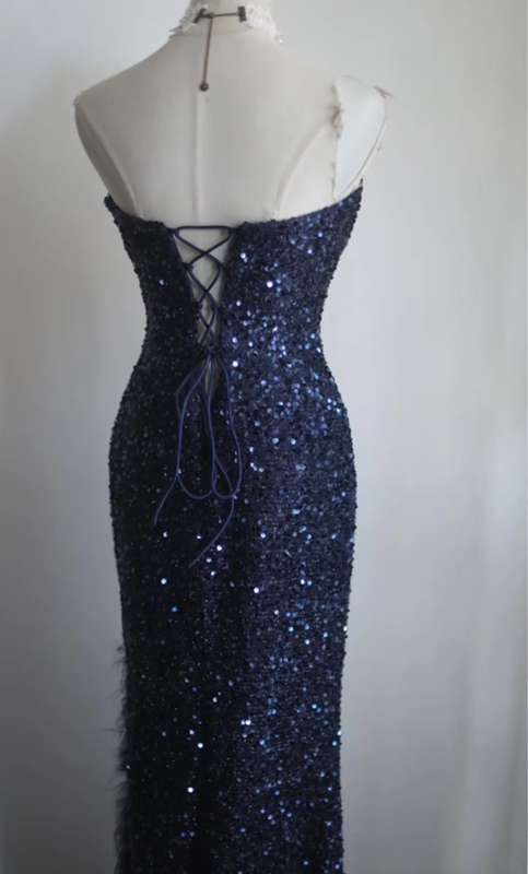 Navy blue strapless, fitted waist, sequined, sexy long ball gown R6788