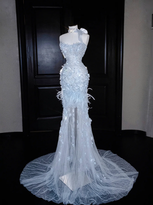 Light blue sequined tube-top slim-waisted hip-hugging fishtail maxi skirt, prom dress R5674