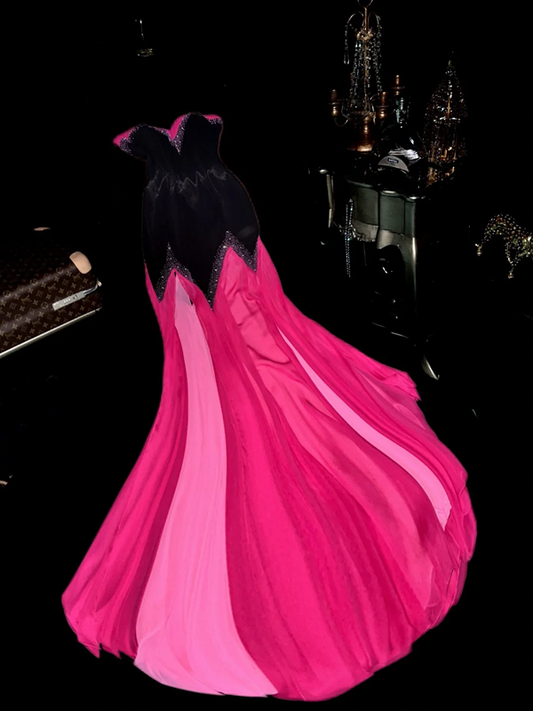 Black strapless fitted ball gown with a fuchsia skirt R6867