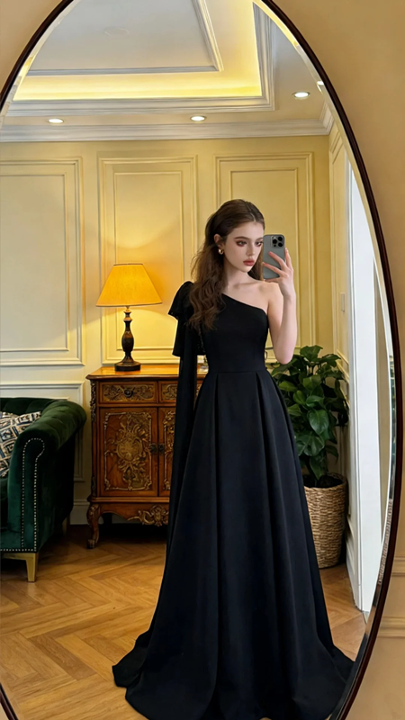 Black one-shoulder, fitted waist, A-line long ball gown R8601
