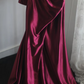 Deep red one-shoulder long-sleeved fitted satin ball gown, bridal dress R6828