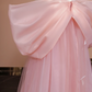 Light pink off-the-shoulder bow neckline straight long ball gown, bridal dress R8327