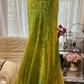 Yellow-green halter-neck, slim-fitting, bodycon long ball gown R7744