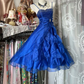 Blue halter-neck, fitted waist, full skirt, mid-length ball gown R7581