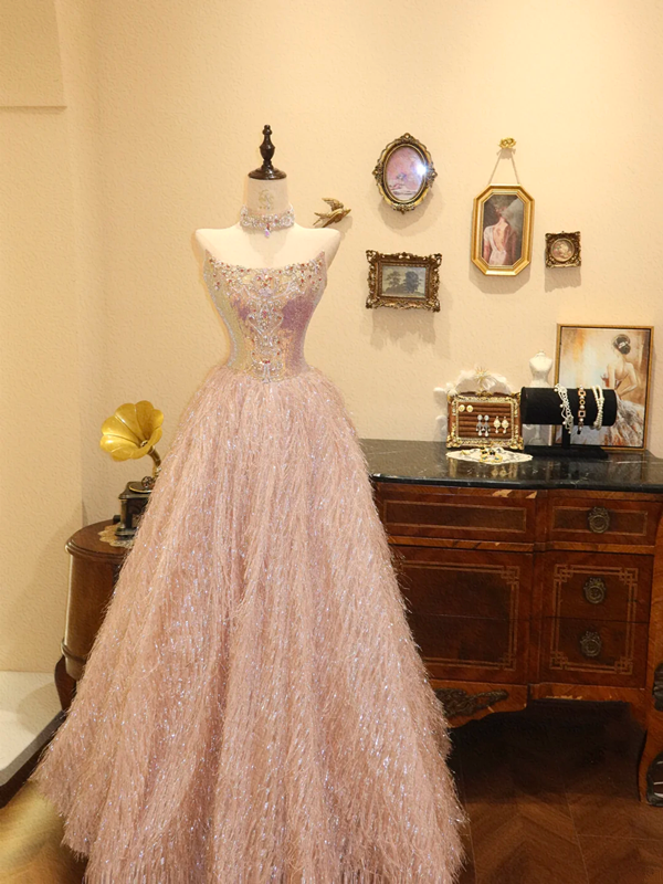 Pink strapless rhinestone fitted long wedding dress R6589