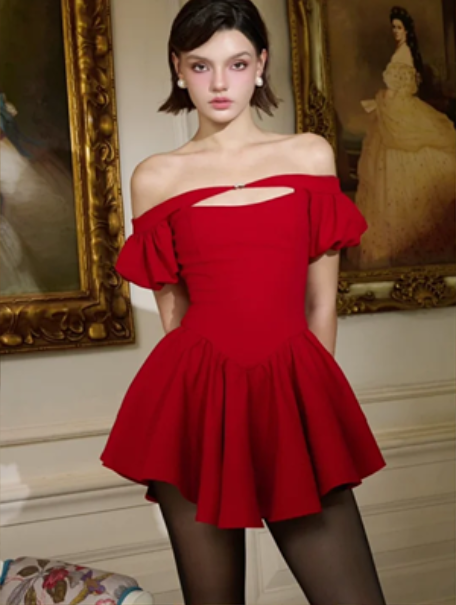 Red one-shoulder hollow design slim waist A-line long skirt short skirt homecoming dress R4407