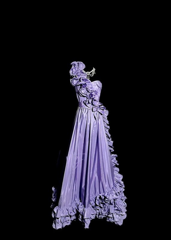 Purple one-shoulder fitted waist slim-fitting long ball gown with lace skirt R6669