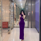 Purple halter-neck sleeveless fitted waist bodycon long ball gown R7895