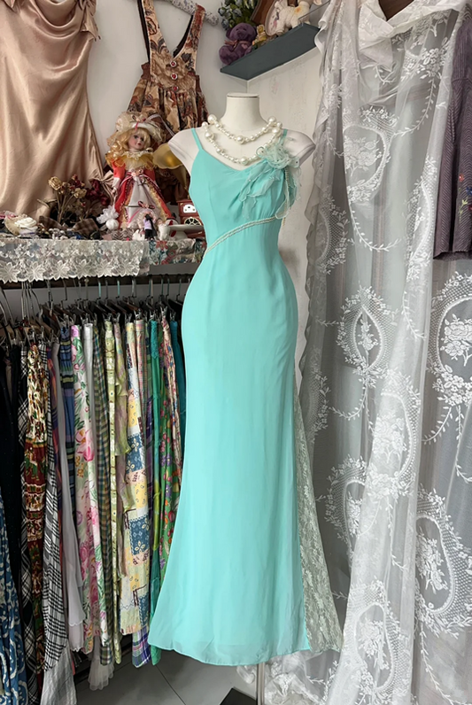 Lake blue halter-neck fitted long dress, ball gown R6348