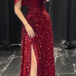 Red Sequin Off-the-Shoulder Fitted-Waist Slim-Fit Long Prom Dress / Bridal Gown R5908