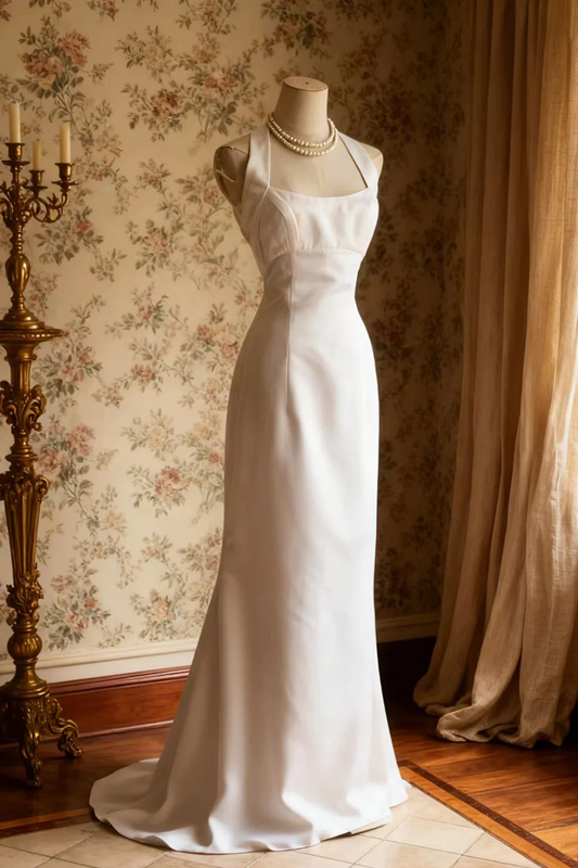 White halter-neck fitted long ball gown R6709