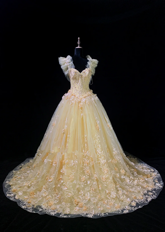 Light yellow square neckline fitted waist puff skirt long ball gown R8696