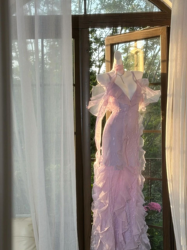 Pink Fairy Strappy Waist-cinching Bodycon Long Ball Gown R6549