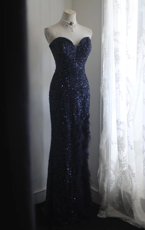 Navy blue strapless, fitted waist, sequined, sexy long ball gown R6788