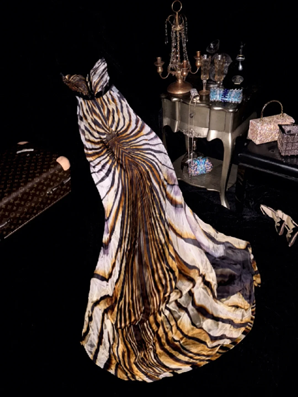 Tiger striped strapless sexy high-waisted elegant long ball gown R6948