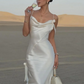 White halter-neck fitted long elegant ball gown R8661