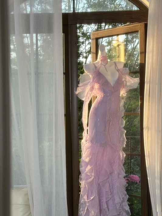 Pink Fairy Strappy Waist-cinching Bodycon Long Ball Gown R6549