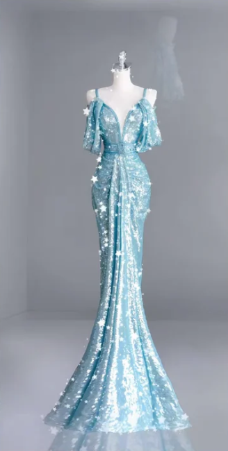 Light Blue Spaghetti-Strap Fitted-Waist Sequin Sexy Long Prom Dress R6509