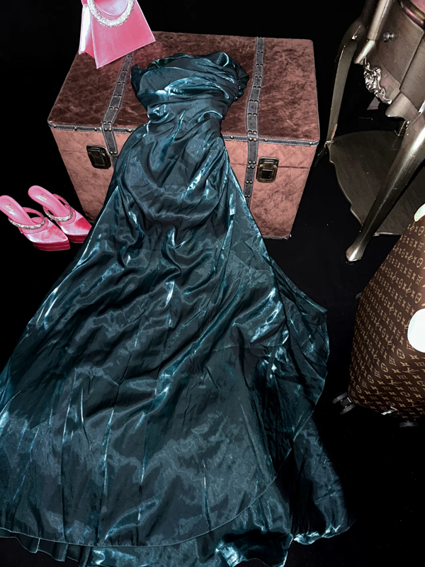 Dark green strapless fitted long ball gown R7027