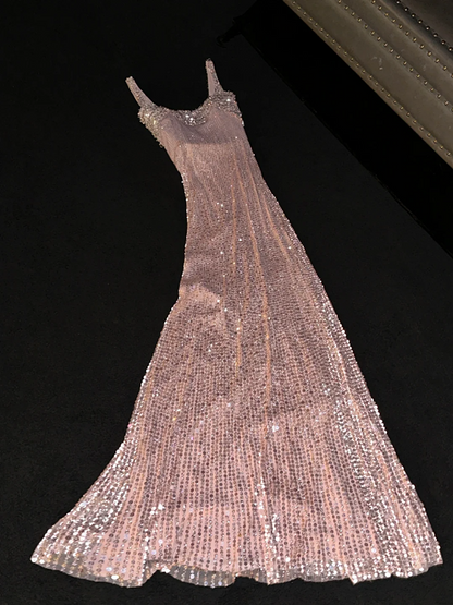 Light pink sequined halter-neck fitted long ball gown/bridal dress R8815