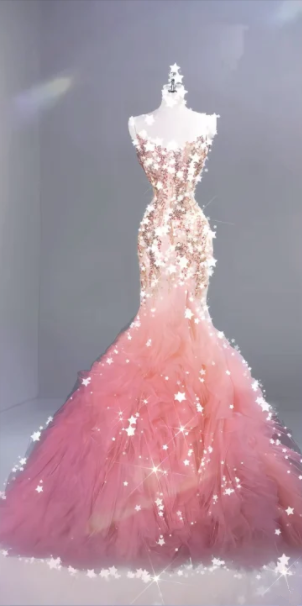 Pink gradient sequined halter top, fitted waist, bodycon long ball gown R6469