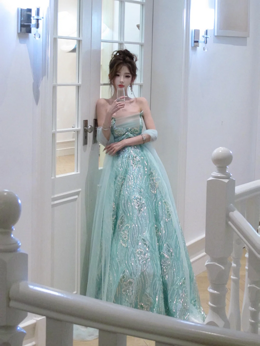 Light green strapless fitted waist sexy long ball gown R7068