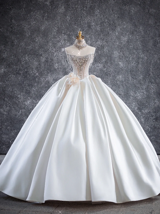 White Strapless Diamond Top Satin Tutu Skirt Bridal Dress R5794