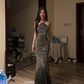 Grey halter-neck sequined fitted long ball gown R8072