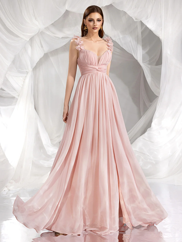 Light pink halter-neck fitted long sexy ball gown R8875