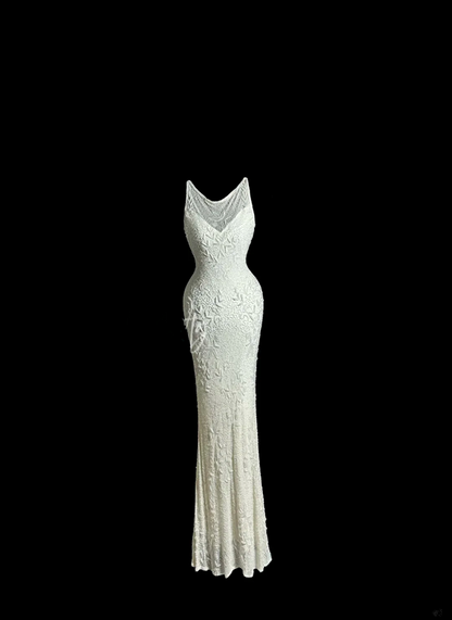 White halter-neck embroidered fitted waist slim hips sexy long ball gown R6629