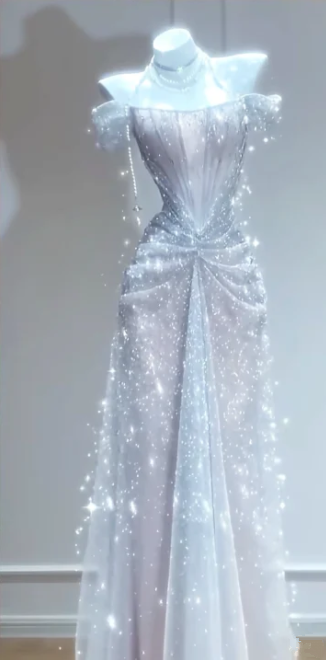 Silver sequined off-the-shoulder fitted long ball gown R6427