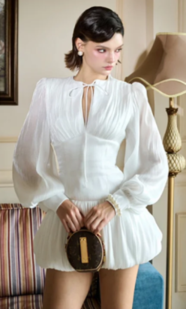 White elegant classic waist slim flower bud skirt short skirt homecoming dress R4609