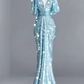 Light Blue Spaghetti-Strap Fitted-Waist Sequin Sexy Long Prom Dress R6509