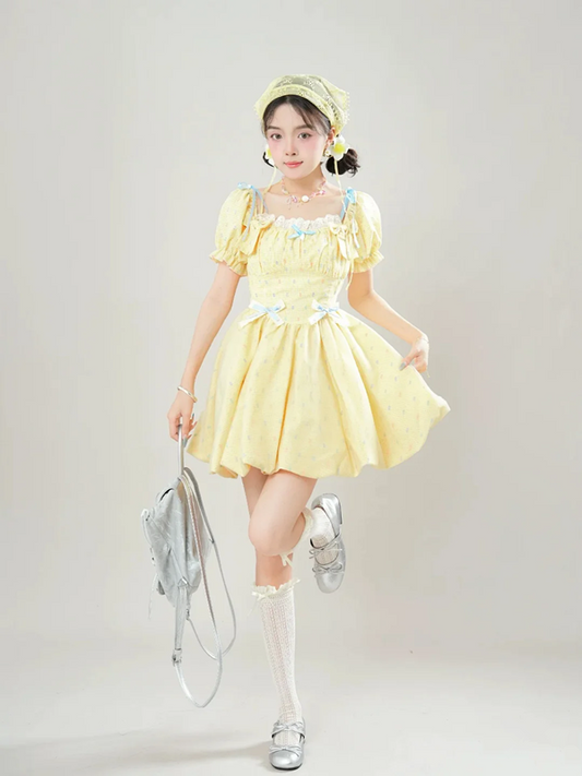 Yellow puff sleeves slim waist cute short skirt homecoming dress R5239