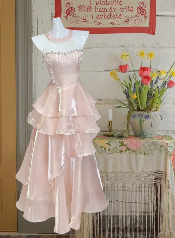 Pink tube top waist cake skirt sexy satin long dress prom dress R6230