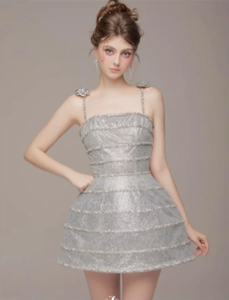 Silver suspenders waist slim A-line high-end princess skirt homecoming dress R4815