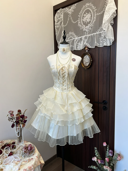 White tube top waist slim embroidery beautiful cake layer tulle skirt princess skirt homecoming dress R4327