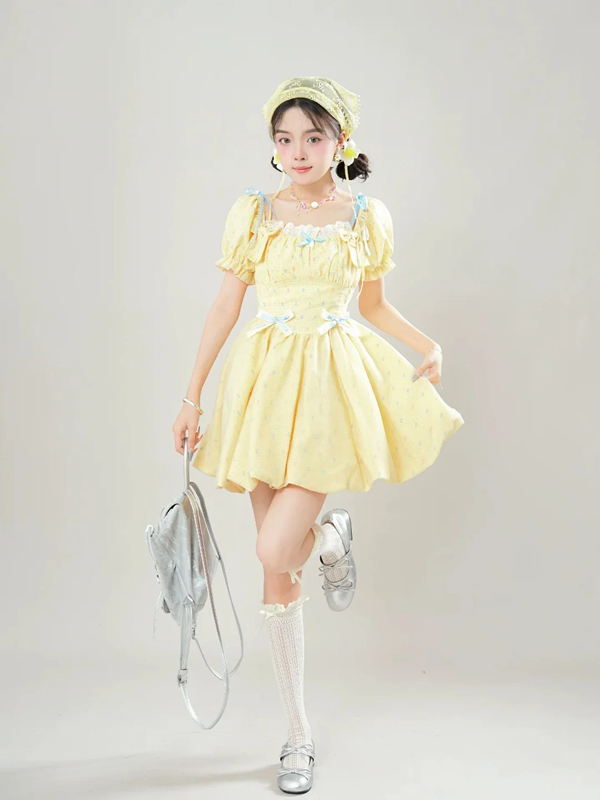 Yellow puff sleeves slim waist cute short skirt homecoming dress R5239