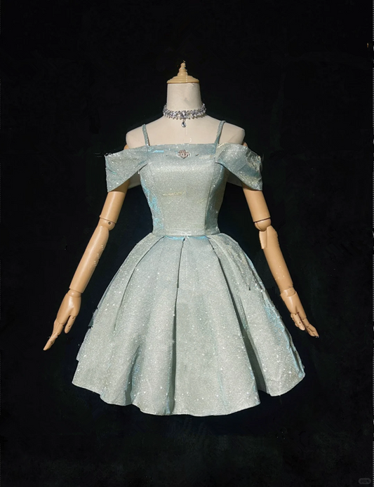 Silver sequined suspenders one shoulder waist slim fit puffy skirt princess skirt homecoming dress R4936